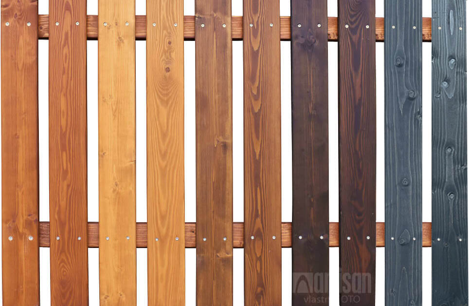 Vzorník odstínů a materiálu barvených dřevěných plotovek 